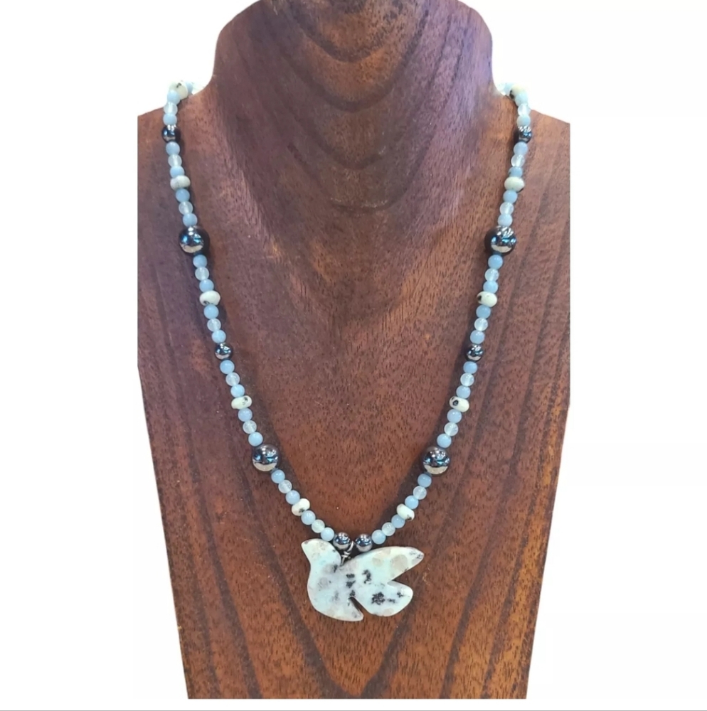 Blue Bird Pendant Necklace Natural Stone With Hematite Beads Heart Toggle Clasp